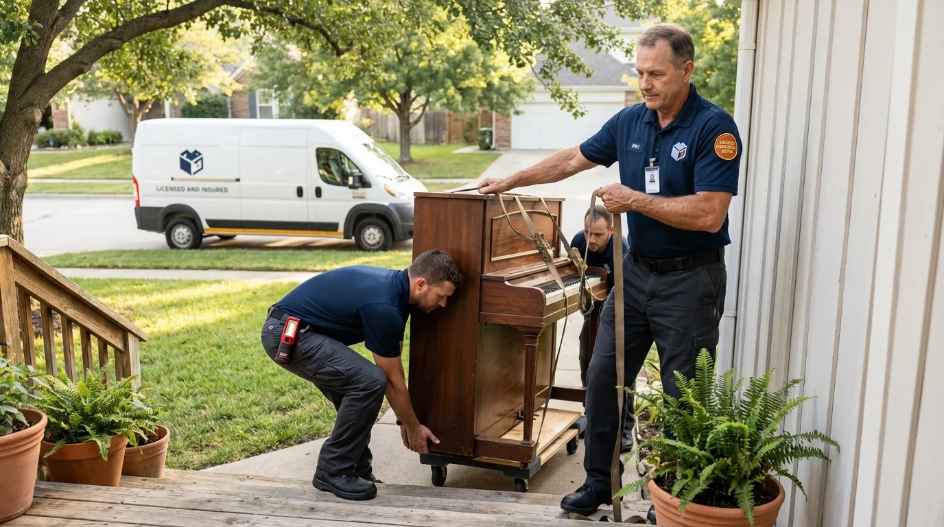 Licensed piano movers securing grand piano in Williamsburg, VA