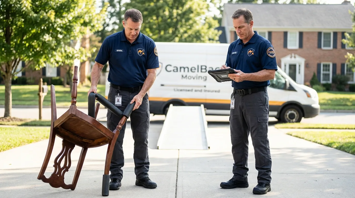 Movers inspecting furniture for damage prevention before loading in Williamsburg, VA