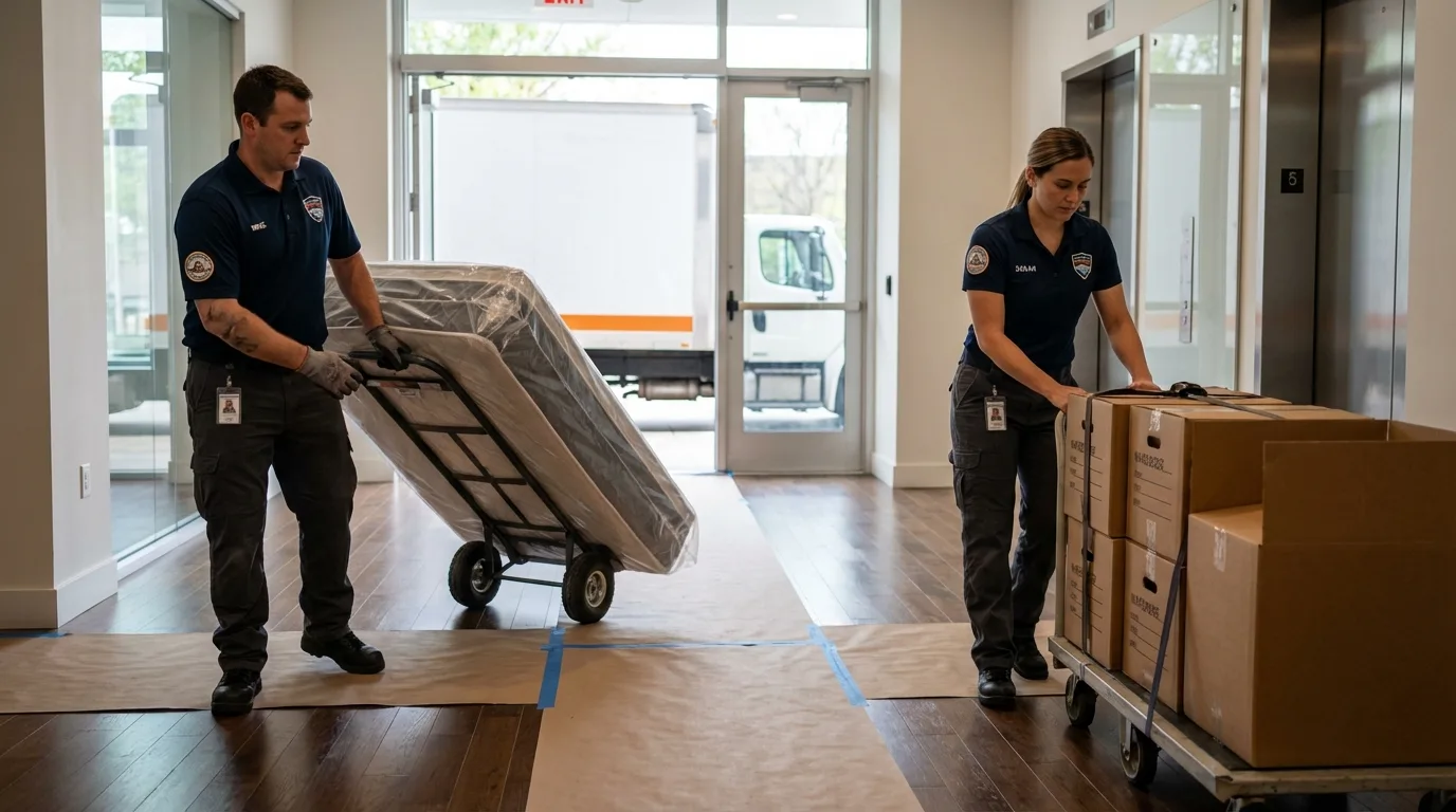 Professional apartment movers loading elevator in Williamsburg, VA